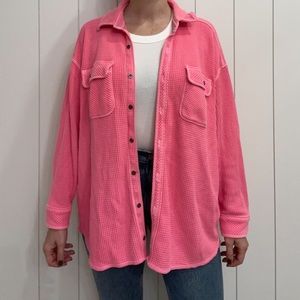 AERIE LumberJane Neon Pink Waffle Oversized Button Down Shirt